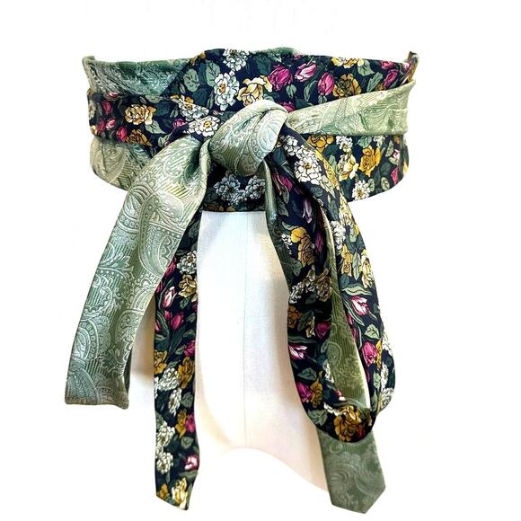 Unique Satin Obi Belt Wide One Size Wrap Money Green Floral Upcycle Necktie - Picture 1 of 6